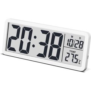 JoFomp LCD Digital Wall Clocks Battery Operated, 8.5" Modern Wall Clocks for Living Room Decor, Simple Digital Wall Clock with Temperature/Date/Time - 12/24H, Small Desk Clock for Bedroom Office (White)
