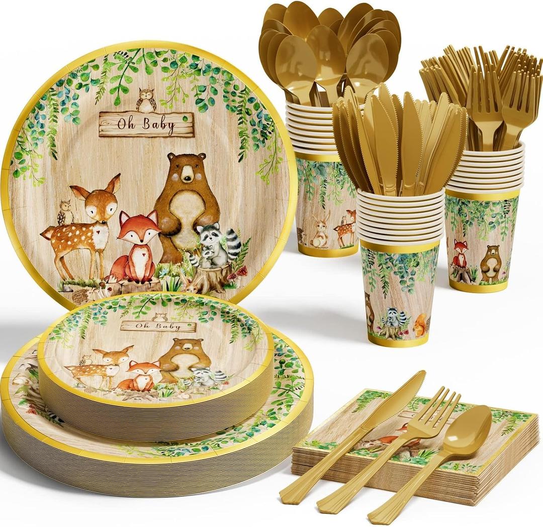 Woodland Baby Shower Decorations Supplies - 175PCS Forest Animal Disposable Dinnerware Set (25 Guest) With Gold Paper Plates Cups Napkins Plastic Fork Knives Spoon for Baby Boy Birthday Party