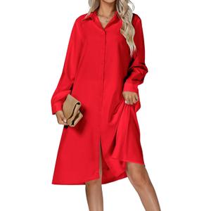 Women's Casual Collar V Neck Button Down Long Sleeve Loose Midi Shirt Dress with Pocket (Red, X-Large)