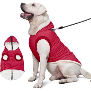 Fleece Lining Dog Hoodie with Harness Built in,Extra Warm Large Dog Jacket in Winter Doggie Coats with Hooded,Red XXL
