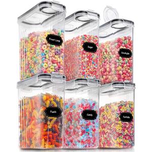 PRAKI Large Dry Food Storage Containers with Lids, 6PCS Airtight Cereal Containers Storage Set, Leak-proof Canister Set for Kitchen Pantry Organization with 20 Labels & Marker (4L Black)