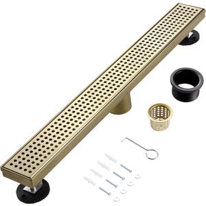 32 Inch Linear Shower Drain, Brushed Gold Shower Drain,Removable Grate, 304 Stainless Steel, Easy to Install and Clean for Bathrooms (Drain Base Not Included), LSD-04A-32G
