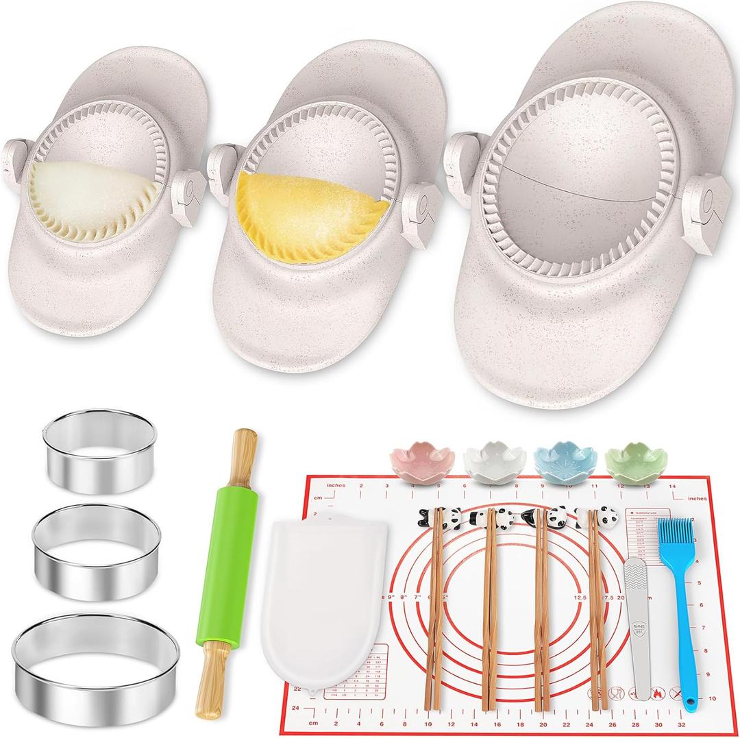 Dumpling Making Kit 23 Piece, Empanada Maker Set, All in One Gyoza Maker Set with Rolling Pin, Press Molds, Ring Cutters, Mat, Sauce Dishes and More, Kitchen Accessories Fun Gift Set