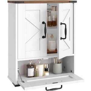 HOOBRO Farmhouse Wall Mounted Cabinet with Adjustable Shelf, Medicine Cabinet with Flip-Down Door, Over The Toilet Bathroom Organizer, for Small Bathroom, Kitchen, White and Walnut, 7.1"D x 15.7"W x 21.5"H