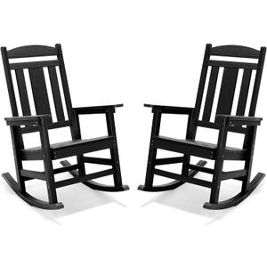 LUE BONA Outdoor Rocking Chairs Set of 2, Weather Resistant Poly Plastic Rocker, 350lb Heavy Duty, Oversized Porch Rocker for Adult, High Back Smooth for Outdoor & Indoor, Black
