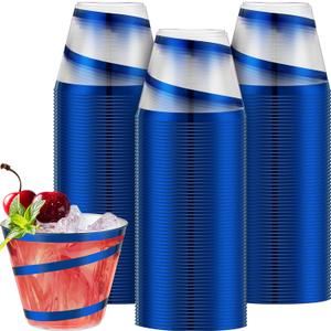 Gejoy 9 oz Rimmed Swirl Plastic Cups Disposable Wine Drinking Cups Clear Elegant Halloween Tumblers for Christmas Party Supplies(Blue,100 Pcs)