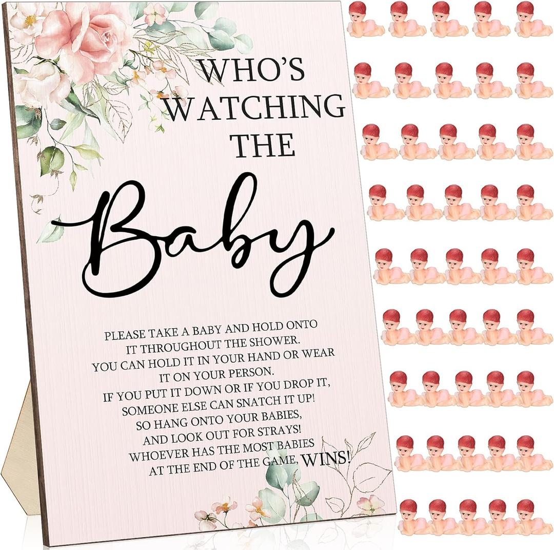 51 Pcs Cool Baby Shower Games Flower Funny Who's Watching The Baby Sign Wooden Game Sign Baby Gift Sets 50 Pcs Tiny Plastic Babies Small Mini Baby Baby Shower Game Prizes for Gender Reveal Party