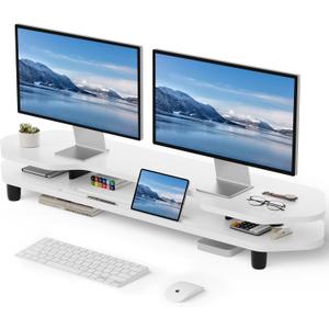 AFOOYO 2 Tier Dual Monitor Stand Riser, Wider Board Computer Monitor Stand for 2 Monitors, Slot For Phone/ Tablet Office Desktop Organizer for Laptop, PC, Computer, Printer, White