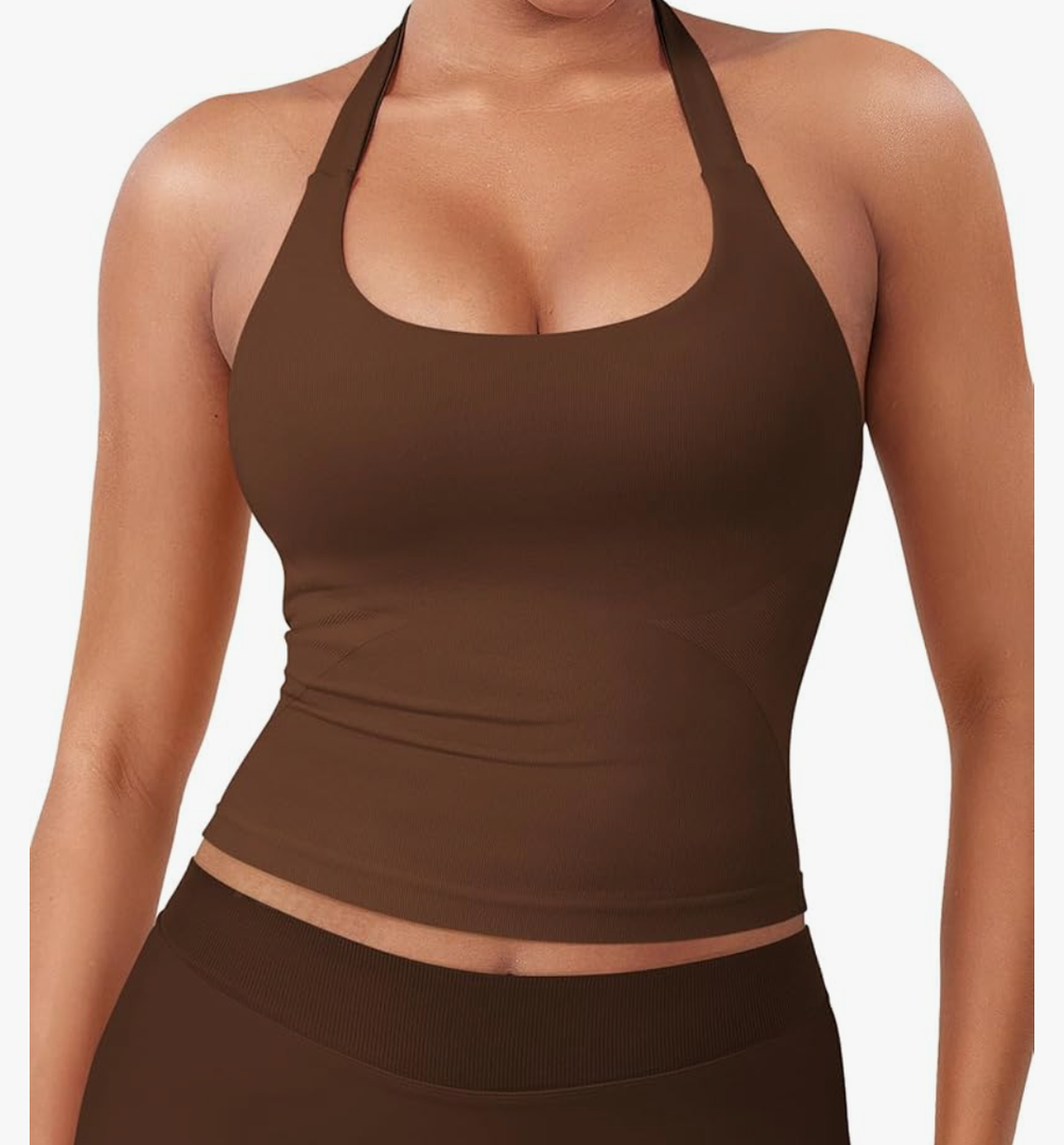 YEOREO SoftHue Women's Impact Halter Tank Top Longline Backless Scoop Neck Built-in Bra Sports Workout Gym Crop Top M