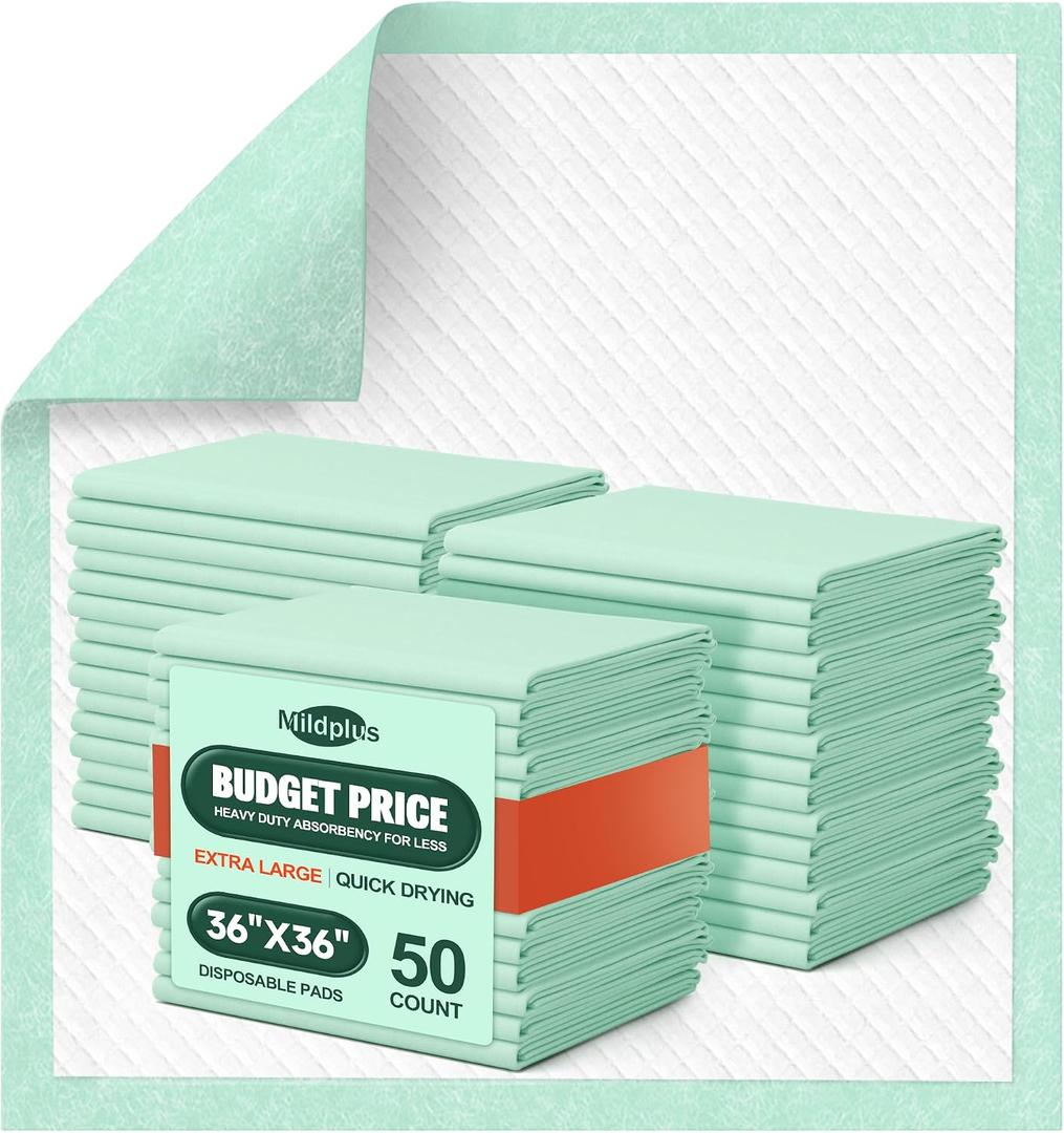 MILDPLUS Disposable Bed Pads 36'' X 36'' Heavy Duty Underpads Extra Large Incontinence Pads for Unisex Adult, Senior, Kids and Pet (50 Count)