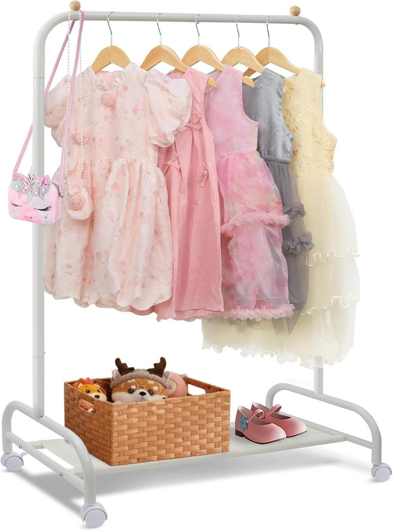 YGJT Kids Clothing Rack, Baby Clothes Rack for Hanging Clothes with Wheels and Bottom Storage Shelf, Small Toddler Garment Rack Kids Dress Up Storage Rack for Coats, Skirts, Dance Costume(White)