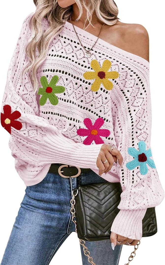 Cakulo Womens Off Shoulder Sweater Top Fall Outfits 2025 Oversized Knit Batwing Long Sleeve Crochet Sweaters Flower Pink Small