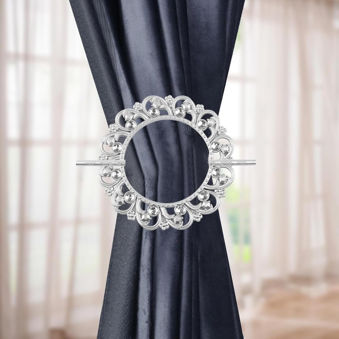HEVSTIL Classical Style Quality Curtain Tieback Silver Curtain Tie with Rod Plastic Curtain Buckle Drapery Holdbacks Curtain Panel Holdbacks for Window Decoration,Set of 2