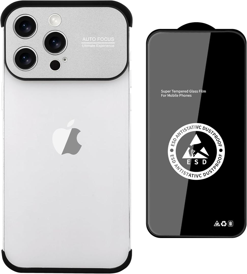Frameless Phone Case Compatible with iPhone 12 Pro Case,Aluminium Large Window Camera Lens Protector,TPU Silicone Minimalist Protective Case Silver.