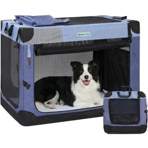 Gardner Pet Soft Collapsible Dog Crate - 36 Inch Portable Travel Dog Crate for Medium/Large Dogs Indoor & Outdoor, 3-Door Pet Crate with Durable Mesh Windows & Storage Bag, Blue