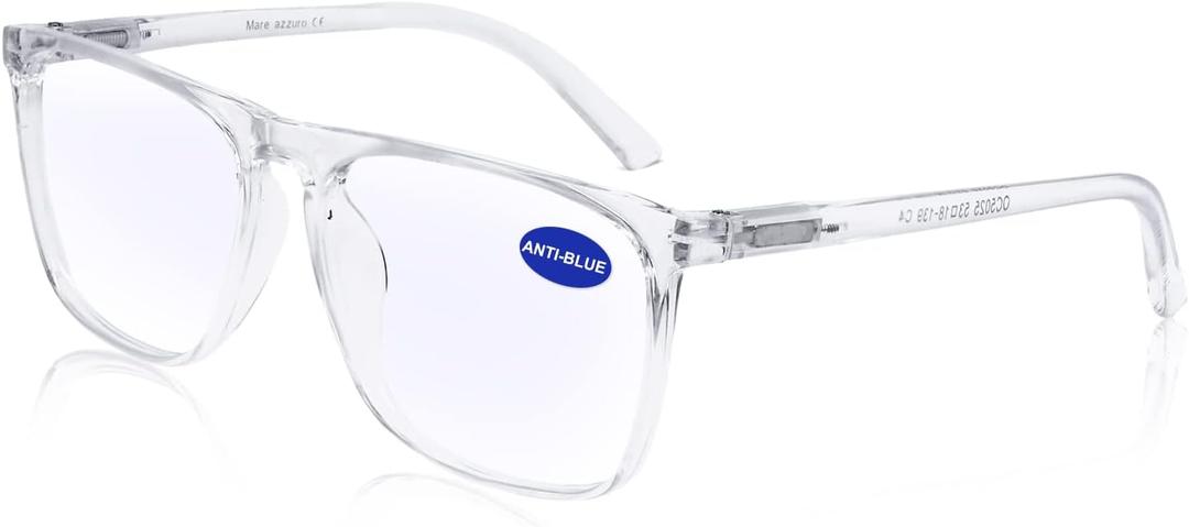 MARE AZZURO Blue Light Blocking Reading Glasses Men Large Square Computer Readers 100 125 150 175 200 225 250 275 300 350 (Transparent 1.5)