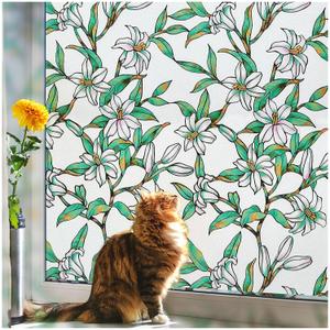 2 x Coavas Decorative Window Privacy Film, Heat Control Sun Blocking Stained Glass Window Film, Floral Design Static Cling, Non Adhesive Windows Tint for Bathroom Front Door(Vinyl, 17.5" x 78.7 ") (Frosted)