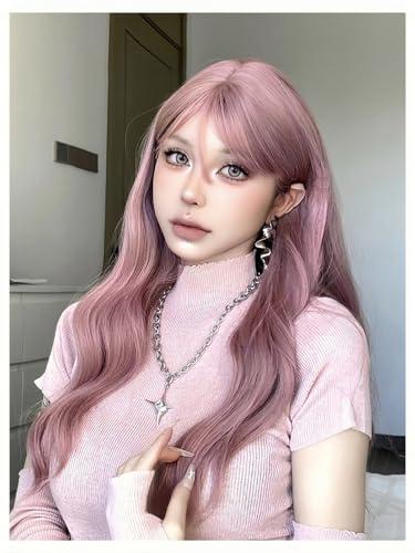 Aadesso Smoky Pink Long Straight Wig 65cm Blunt Bangs Daily Synthetic Hair for Women East Asian Fashion K-pop Style Muted Rose Heat Resistant wig cap (25.6 Inch)