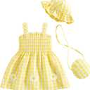 Renotemy Baby Girl Dress 12-18 Month Girls Clothes Summer Outfits Beach Birthday Party Dresses 1 Year Old Girl Gifts Yellow Floral Daisy Smocked Cotton Sundress Baby Clothes for Girls with Hat and Bag
