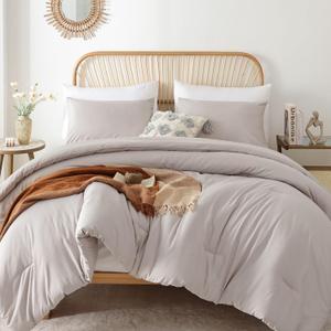 ROSGONIA Queen Comforter Set Linen Grey, 3pcs Queen Size Comforter(1 Boho Gray Comforter & 2 Pillowcases) All Season Lightweight Bedding Blanket Quilt