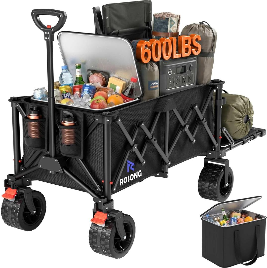 220L Folding Wagon with Detachable 14 Gallon Cooler Bag, Extra Large All-Terrain Heavy Duty Collapsible Beach Wagon Cart with Big Wheels, Foldable Utility Cart for Camping, Tailgate