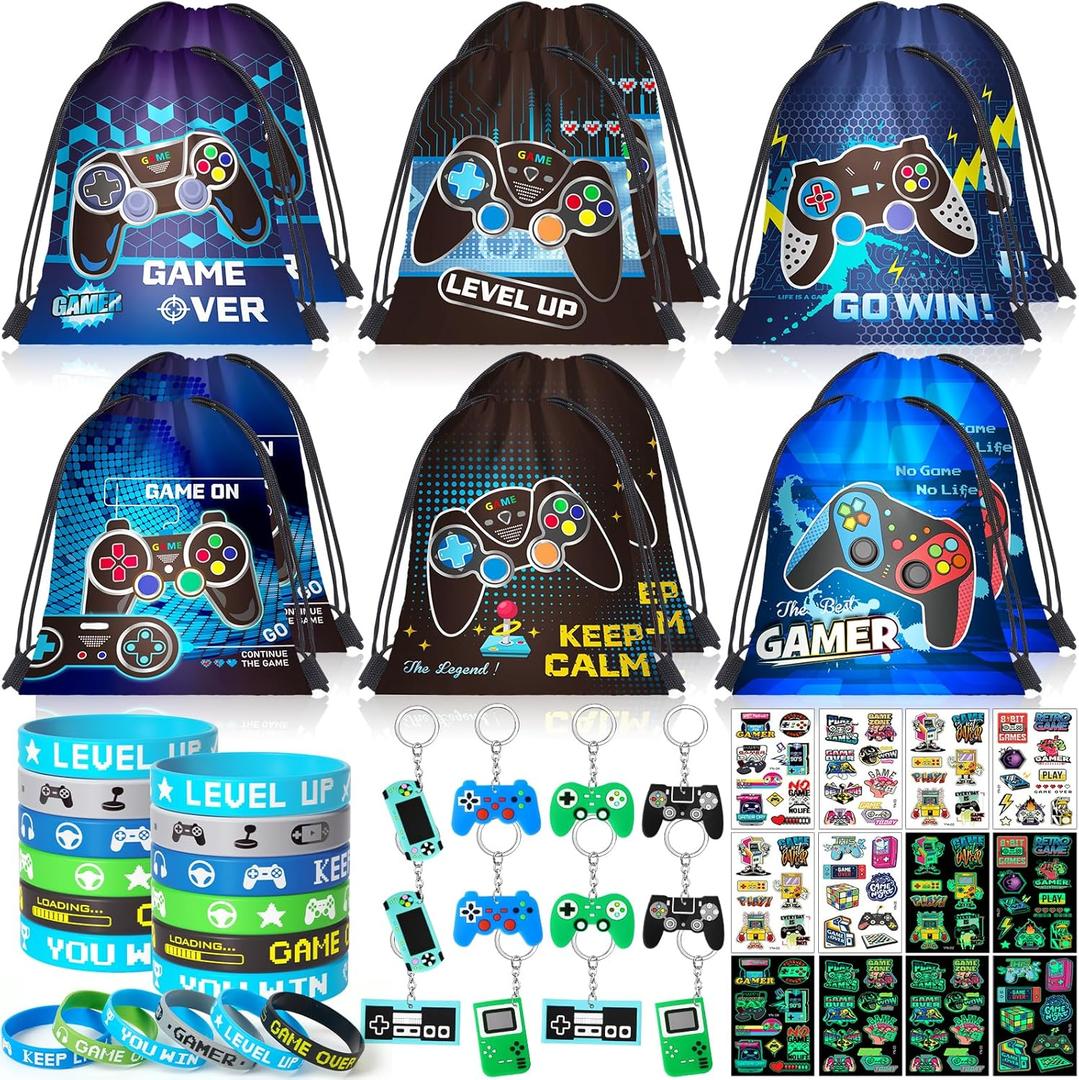 Video Game Party Favors Birthday Supplies, Gamer Drawstring Bag Keychain Silicone Bracelet Tattoo Sticker, Gamer Gaming Birthday Party Favor Goodie Bag Stuffers Fillers Classroom Rewards for Kids Video Game Party Favors Birthday Supplies, Gamer Drawstring Bag Keychain Silicone Bracelet Tattoo Sticker, Gamer Gaming Birthday Party Favor Goodie Bag Stuffers Fillers Classroom Rewards for Kids