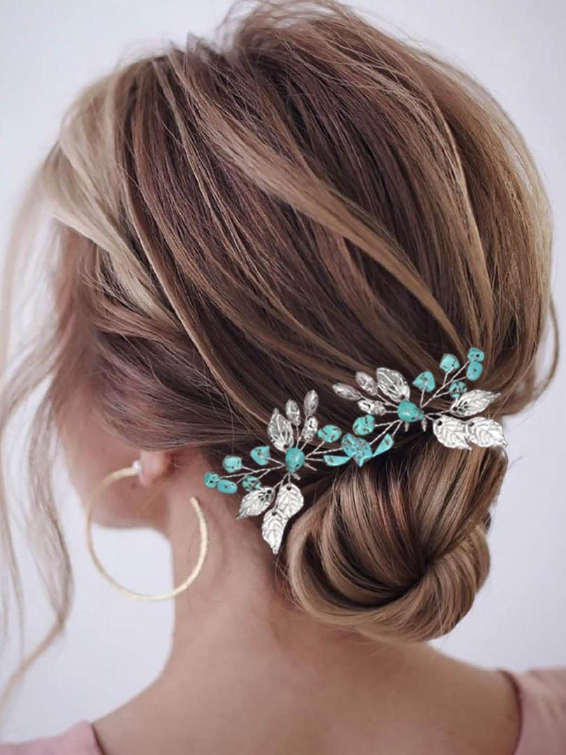 Earent Turquoise Wedding Hair Pins Teal Bridal Hair Accessories for Women (Pack of 2)