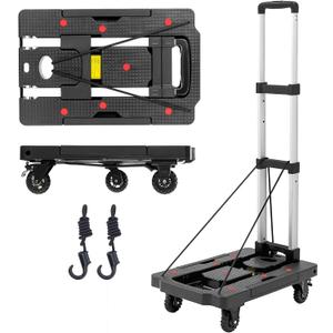 Foldable Platform Cart, Transport Cart Max.150KG, 5 Wheel Foldable Cart and 2 Elastic Cords, for Heavy and Bulky Loads with Telescopic Handles
