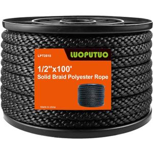 1/2 Inch 100 FT Black Polyester Solid Braid Rope UV & Abrasion Resistant, Low Stretch, Multipurpose for Flagpole Halyard, Clothesline, Camping, and Utility Tasks