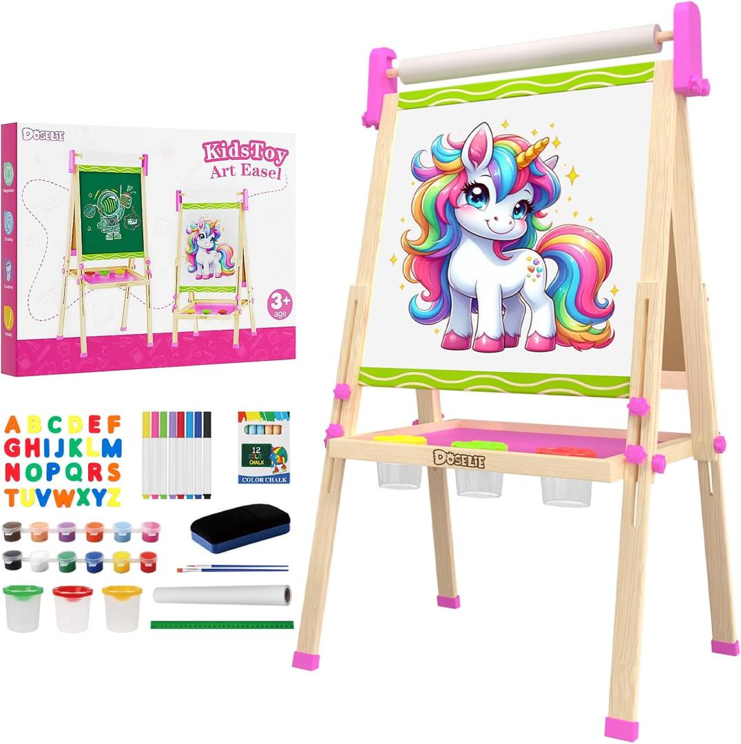 Easel for Kids,Adjustable Wooden Kids Art Easel with Paper Roll,Double-Sided Magnetic Toddler Easels,Dry Erase Whiteboard and Chalk Board,Toys for 3 4 5 6 7 8 9 10 Year Old Girl Boy Gift (Green)