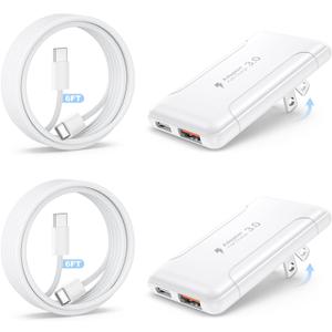 2 Pack Flat USB C Wall Charger,50W 2-Port Slim USB C Fast Charger Block,Foldable & Low Profile Type C Power Adapter with Type C Cables for iPhone 17/16/15/14/13/12 Pro Max,iPad,Galaxy,Steam Deck