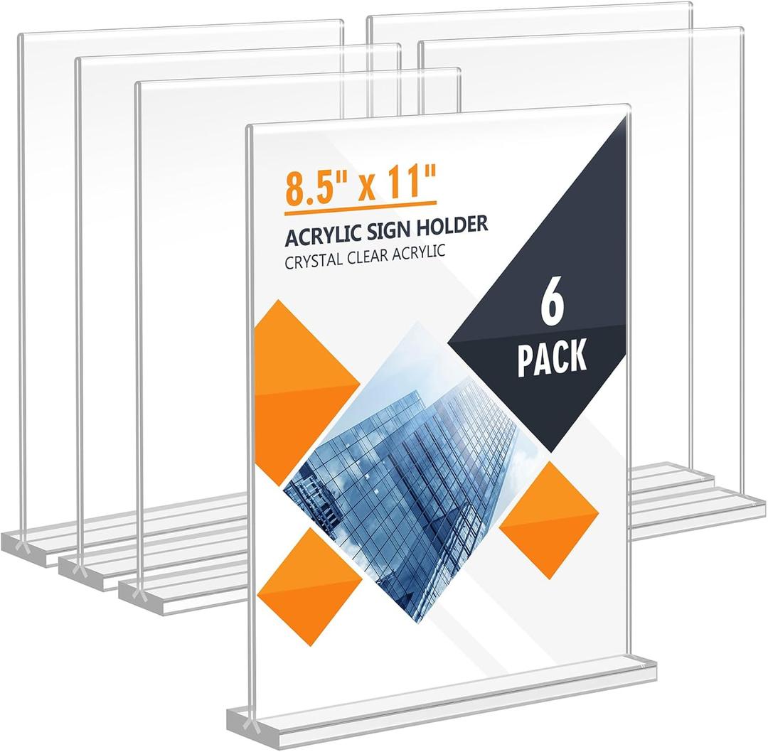 Enayplon Acrylic Sign Holder 8.5 x 11, Double Sided Sign Holder Stand, Plastic 6 Pack Table Paper Stand, Vertical Menu Flyer Stand, T Shape Table Flyer Holder