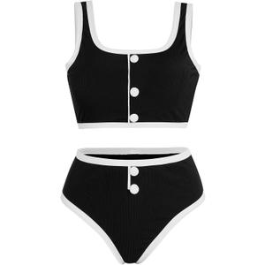 Verdusa High Waisted Bikini Sets for Women 2 Piece Wireless Tops and Panty Beach Vacation Clothes (Small, Black and White)