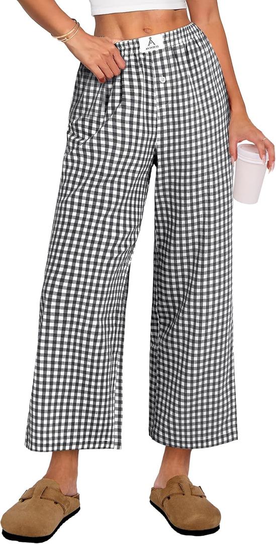 ANRABESS Women Striped Gingham Palazzo Cropped Pants Wide Leg Pajama Lounge Pants Plaid PJ Bottoms Cute Trousers with Pockets (Small, Black White Plaid)