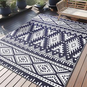 OLANLY Outdoor Rug Waterproof 6x9 ft, Reversible Outdoor Plastic Straw Rug, Boho Patio Rug, Indoor Outdoor Carpet, RV Mat Outside for Patio, Camp, Picnic, Balcony, Deck, Backyard, Navy & White