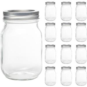 Yodecy 12 Pack 16oz Mason Jars, Regular Mouth jars with Silver Metal Lids, Canning Jars for Overnight Oats, Food Storage, Dry Food, Snacks, Candies and More, 3.74 inches x 4.7 inches