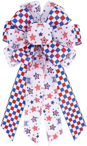 KOPHINYE Patriotic Wreath Bow, 3-Layer Red White Blue Star Burlap Ribbons for Patriotic 4th of July Tree Topper Decorations, Memorial Day, Veterans Day Indoor Outdoor Decor