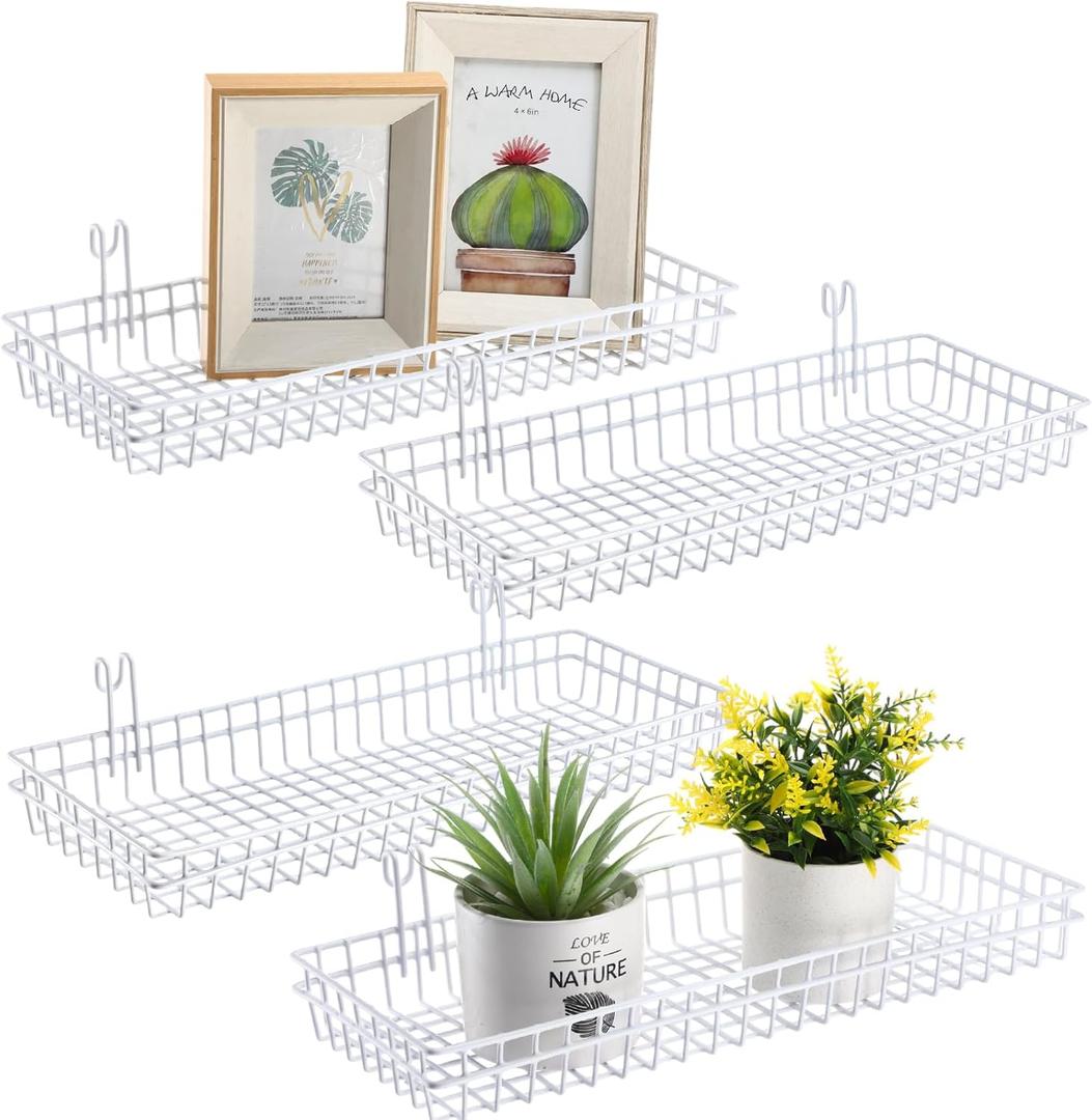 Blulu 4 Pcs 15.75 x 5.91 x 1.97 Inch Metal Grid Wall Baskets with Hooks Grid Wall Shelves Hanging Wire Basket Multi Function Storage Organizer for Kitchen Organizing Display (White)