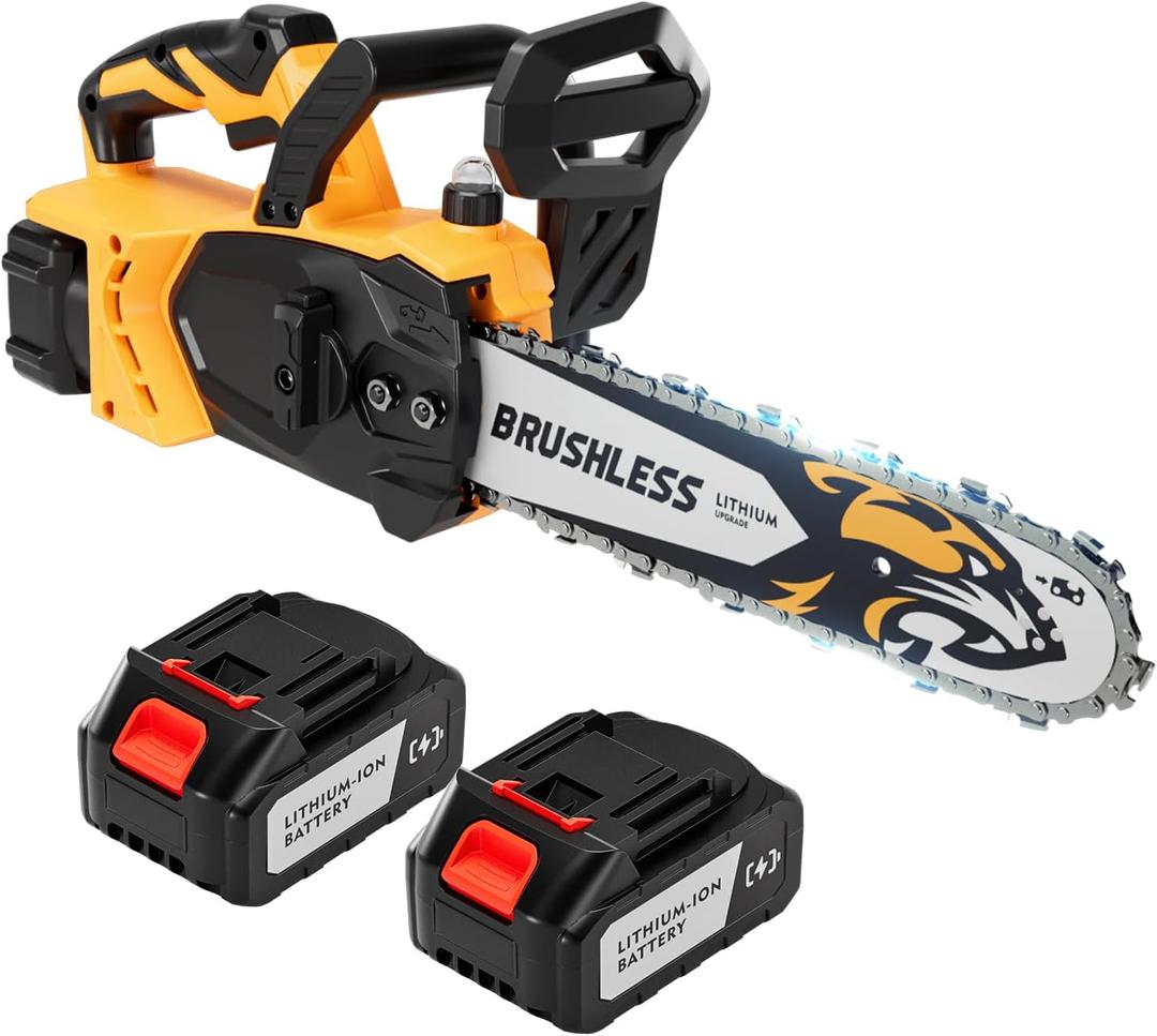 12-Inch Electric Chainsaw with 2 Battery Pack - Lightweight, High-Power 20V Cordless Chainsaw for Wood Cutting, Tree Trimming, and Yard Maintenance (Yellow)