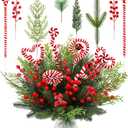 82 PCS Christmas Artificial Pine Branches Decorations Set, Red Berry Stems Pine Branches Frosted Greenery Candy Cane Floral Picks for DIY Craft Tree Wreath Garland Centerpiece