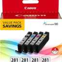Canon CLI-281 Black, Cyan, Magenta and Yellow 4 Ink Pack, Compatible to TR8520, TR8620 Series, TS9120, and TS6210 Printers