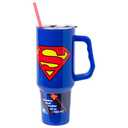 Silver Buffalo DC Comics Superman Logo Double Walled Stainless Steel Tumbler with Handle Fits in Standard Cup Holder, 40 Ounces