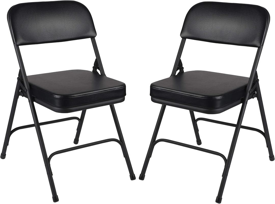 OEF Furnishings OEF3200 Series Heavy Duty, Industrial Grade, Premium Vinyl Folding Chairs 2" Ultra Padded Seat Double Hinged Steel Frame (2 Pack, Black/Black)