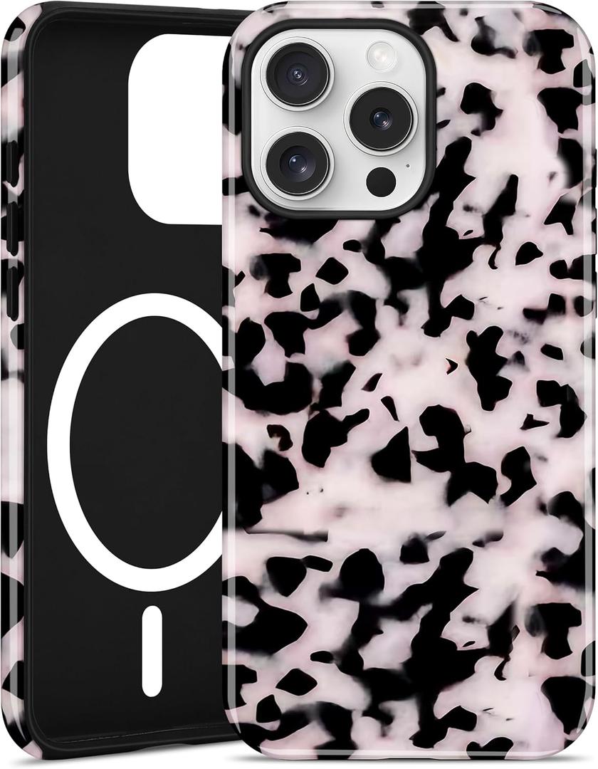 Magnetic Little Tortoise Shell Phone Case for iPhone 13/14, Compatible with MagSafe, Cute White Aesthetic Leopard Print Soft TPU Hard PC Shockproof Protective Phone Cover for Women Girls