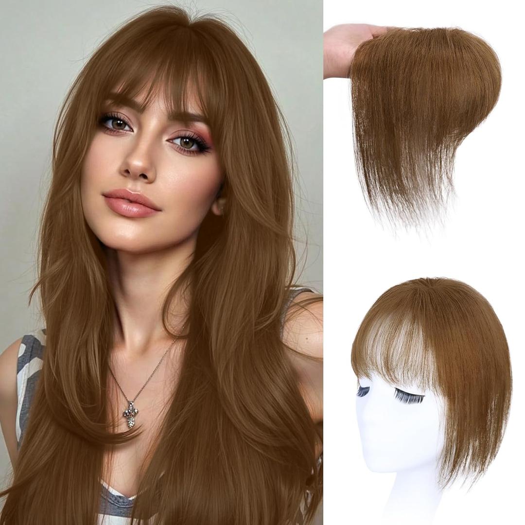 WECAN Hair Toppers for Women Real Human Hair 3D Bangs Clip 100% Human Toppers for Women 10 Inch Clip in Bangs Hairpieces(Brown)