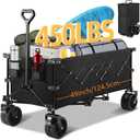 49''L Collapsible Foldable Extended Wagon with 450lbs Weight Capacity, Heavy Duty 300L Folding Utility Garden Cart with Big All-Terrain Beach Wheels & Drink Holders. Black
