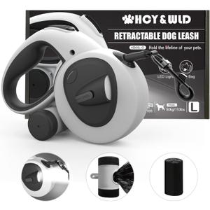 HCY&WLD Upgrade 4-in-1 Retractable Dog Leash with LED Light & Dispenser & Poop Bags, 16 ft Heavy Duty Dog Leash with Anti-Slip Handle for Dogs up to 110 lbs, 360 Tangle-Free, One Button Brake & Lock (Large)