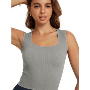 ODODOS Seamless Square Neck Tank for Women Ribbed Soft Sleeveless Longline Crop Tops X