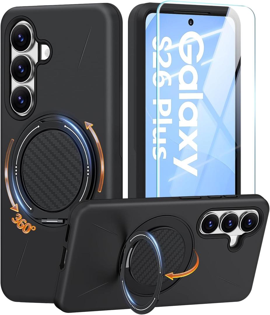 JAME for Samsung Galaxy S26+ Plus Case, Ring Holder Stand Kickstand, Dual Layer Shockproof Protective Cover with Screen Protector, Magnetic Accessory Friendly Galaxy S26+ Plus Phone Case 6.7", Black