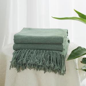 Chenille Throw Blanket for Couch with Tassels,50"X60" Soft Lightweight Knitted Boho Decorative Blankets for Bed and Sofa,Sage Green